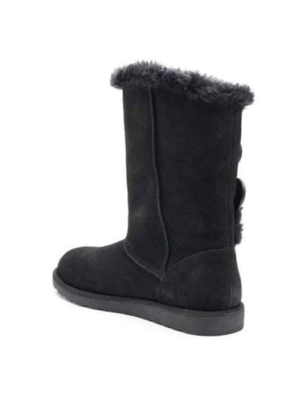 SO Winter Boots 7 Womens Black Mid Calf Pull On Plush Suede Button Fx Fur Trim